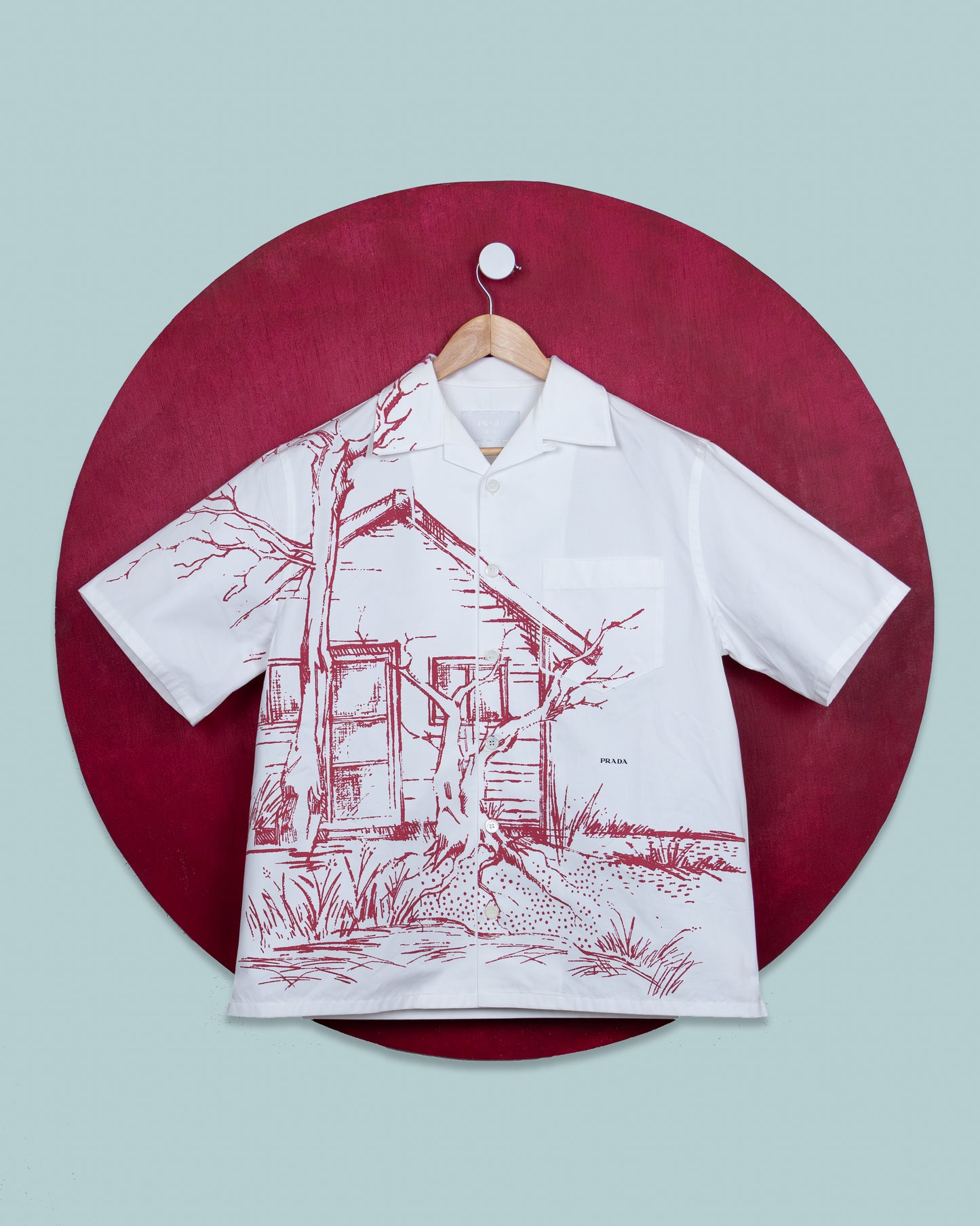 PRADA SS26 Runway Printed Cotton Bowling Shirt – “Cabin” Print.