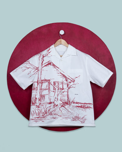 PRADA SS26 Runway Printed Cotton Bowling Shirt – “Cabin” Print.