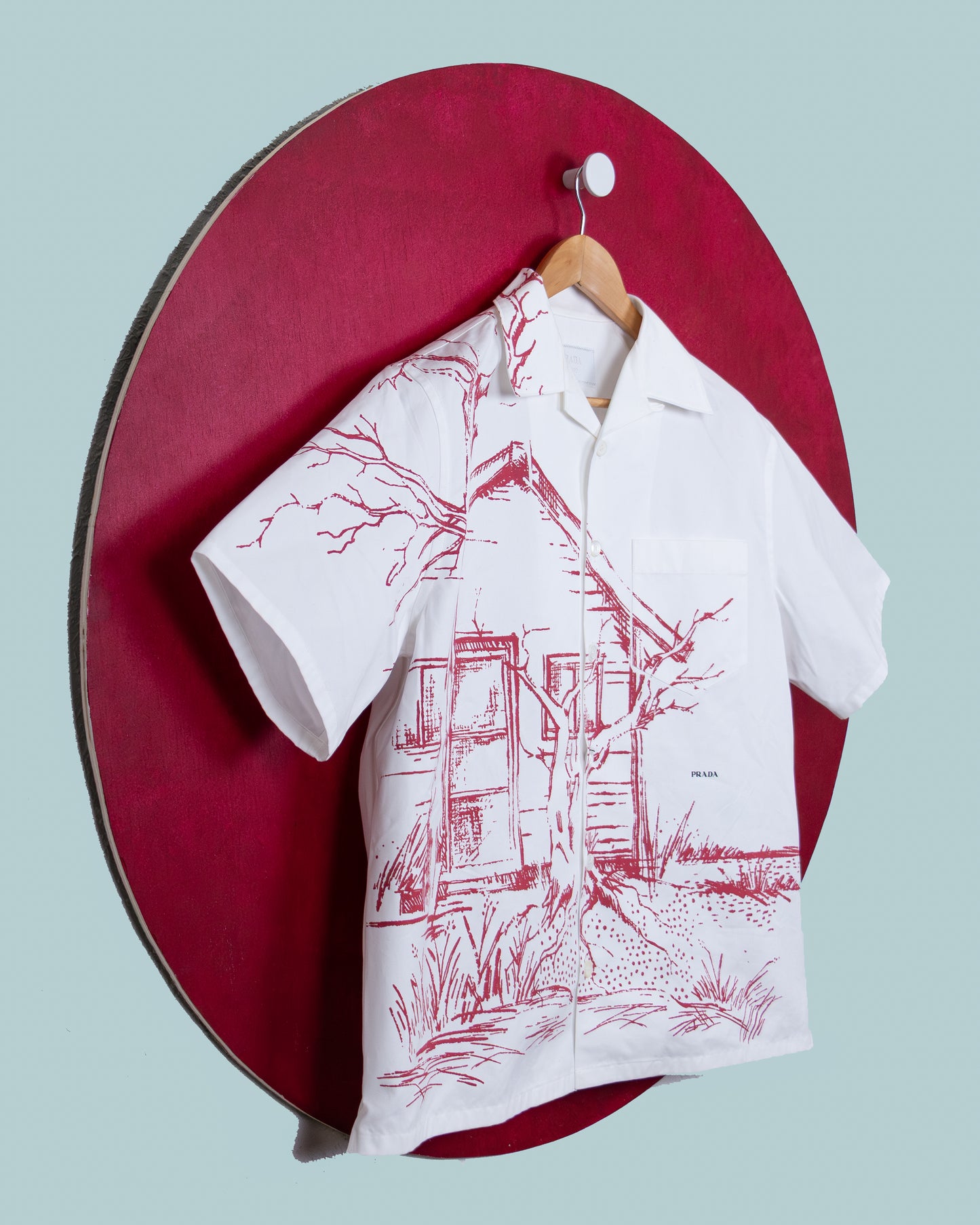 PRADA SS26 Runway Printed Cotton Bowling Shirt – “Cabin” Print.