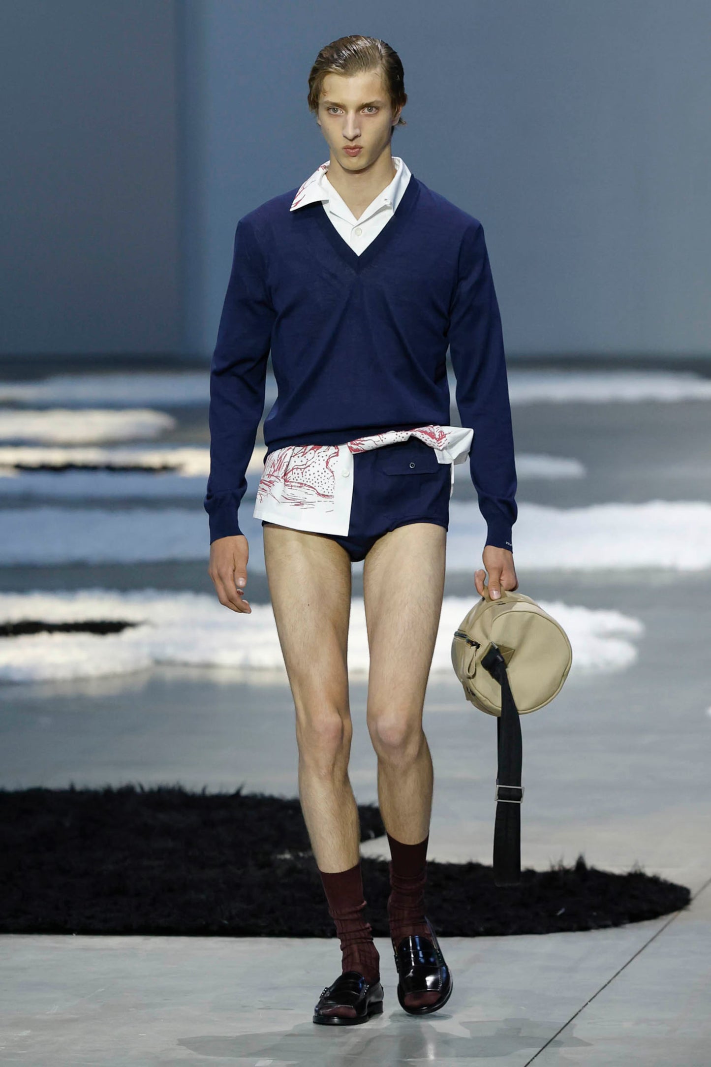 PRADA SS26 Runway Printed Cotton Bowling Shirt – “Cabin” Print.